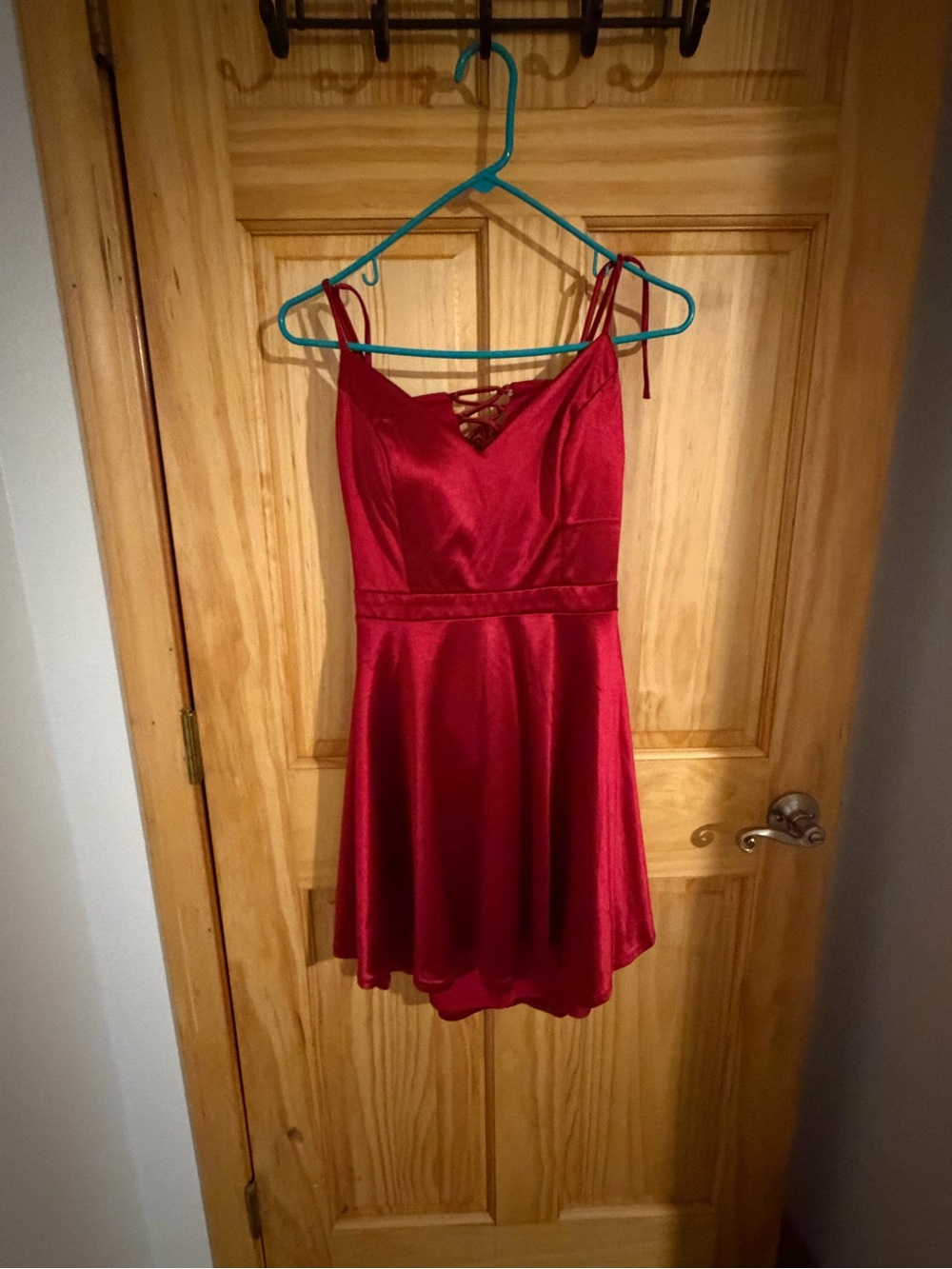Red Satin Lace-Up Spaghetti Strap Formal Dress